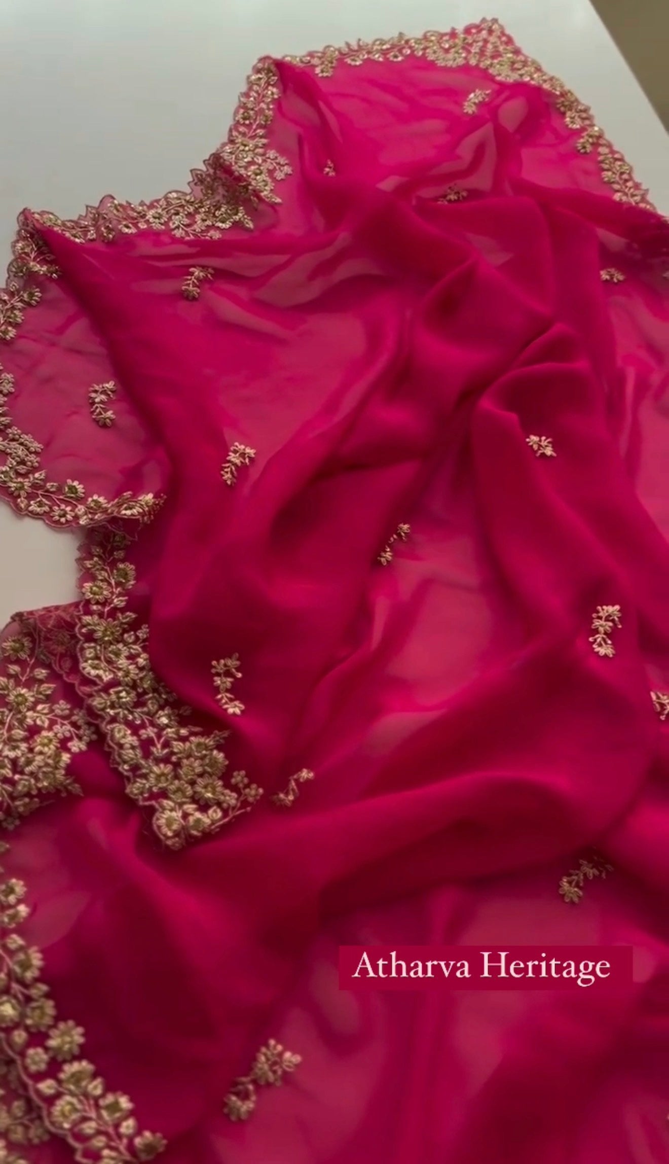 Atharva Heritage Fuchsia Pink Luxury Sheer Saree with Intricate Gold Floral Embroidery AH1813HZS