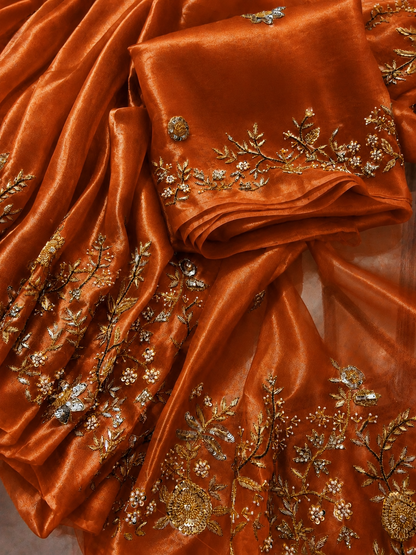 Atharva Heritage Burnt Orange Pure Silk Organza Saree – Trousseau Collection | 400+ Hours Hand-Embroidered Luxury RLS178