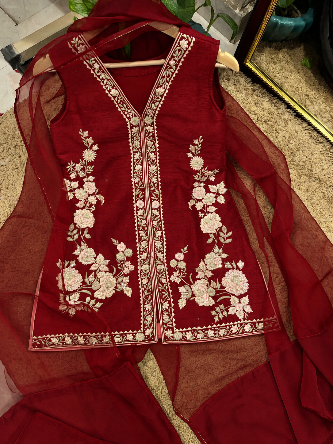 Atharva Heritage Deep Red Pure Raw Silk 100g Hand-Embroidered Jacket Style Farshi Salwar Set FSBRS51