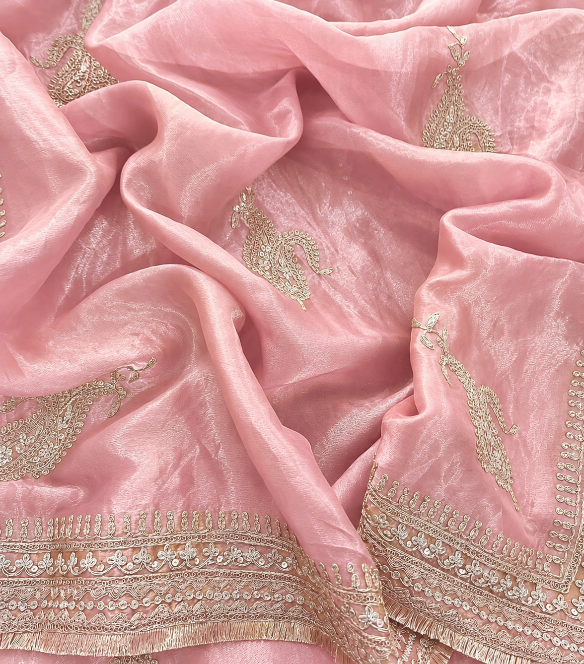 Atharva Heritage MAHARANI LUXURY Hand Woven TISSUE SILK 80 Grams SUIT with Rose Gold Dori Embroidery AHMTC002 Powder Pink
