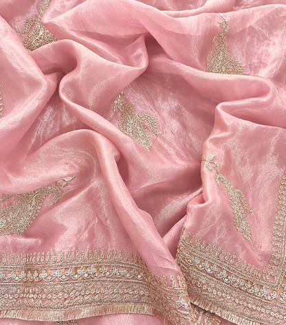 Atharva Heritage MAHARANI LUXURY Hand Woven TISSUE SILK 80 Grams SUIT with Rose Gold Dori Embroidery AHMTC002 Powder Pink