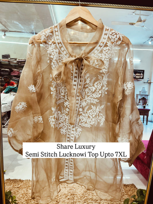 Atharva Heritage Sheer Luxury Silk Organza Lucknowi Semi Stitched Top SLT001M