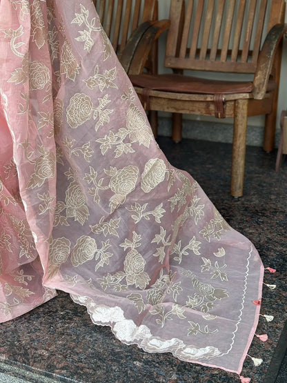 Atharva Heritage Sheer Luxury Pure Silk Organza Hand Applique With Pure Crush Tissue Saree SLHACT176