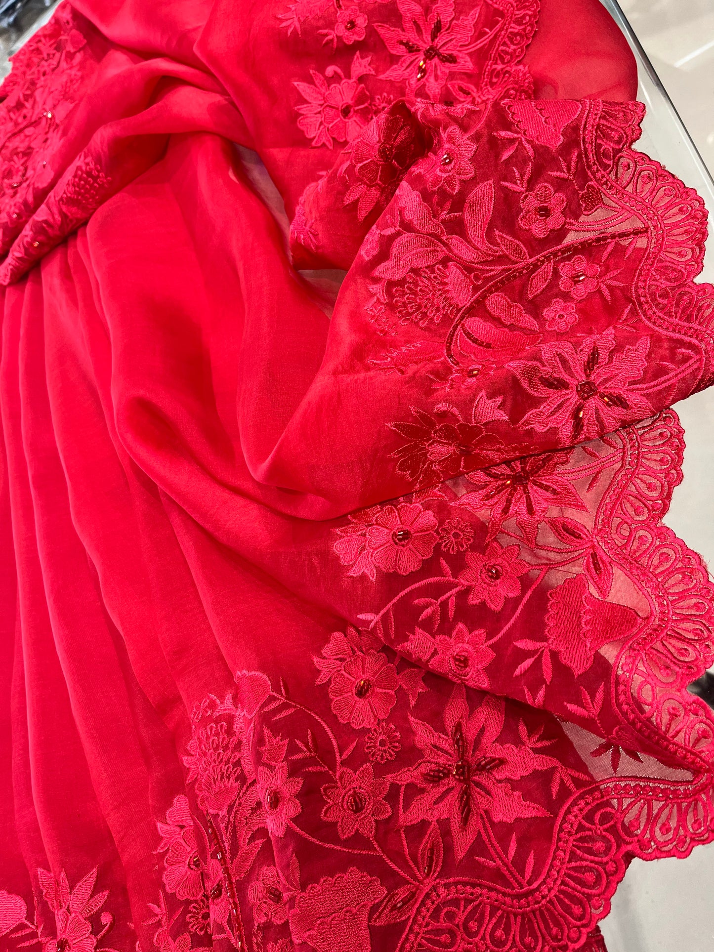 Atharva Heritage Red Kerwachauth Saree in Pure Silk Organza with French Thread Monochrome Embroidery