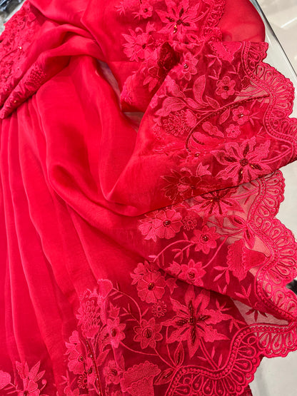 Atharva Heritage Red Kerwachauth Saree in Pure Silk Organza with French Thread Monochrome Embroidery