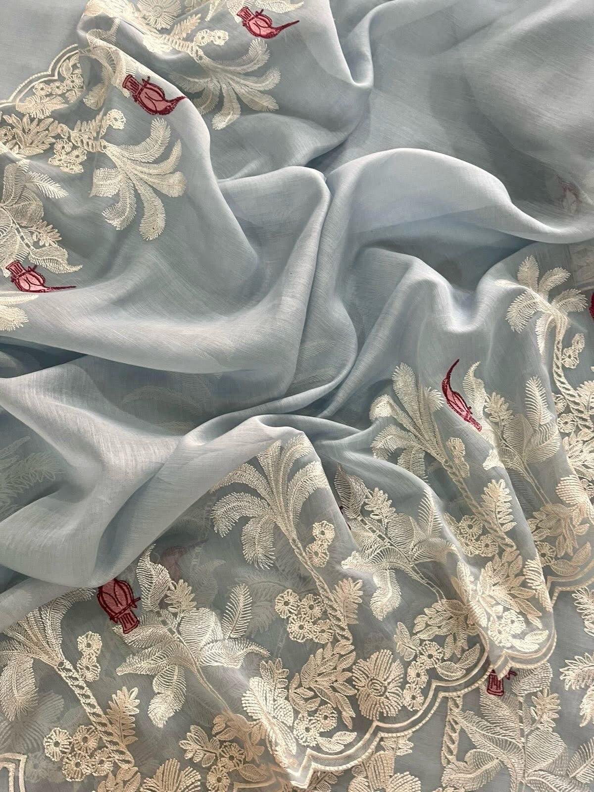 ATHARVA HERITAGE PURE CHANDERI  SILK 70 GRAMS PAKISTANI SUIT FRENCH THREAD EMBROIDERED CHO0078 English Blue