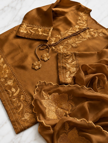 Atharva Heritage Pure Satin Silk Champagne Gold Farsi Salwar Set with Organza Dupatta AH18133191