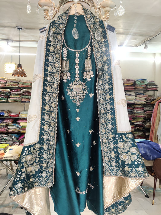 ATHARVA Hand Embroidery Salwar Kameez /Chiffon Dupatta With Stunning Gota & Trim/Custom Stitch Unstitch/Gift/Patiala/Anarkali/Churridar/CH17323 Emerald Green