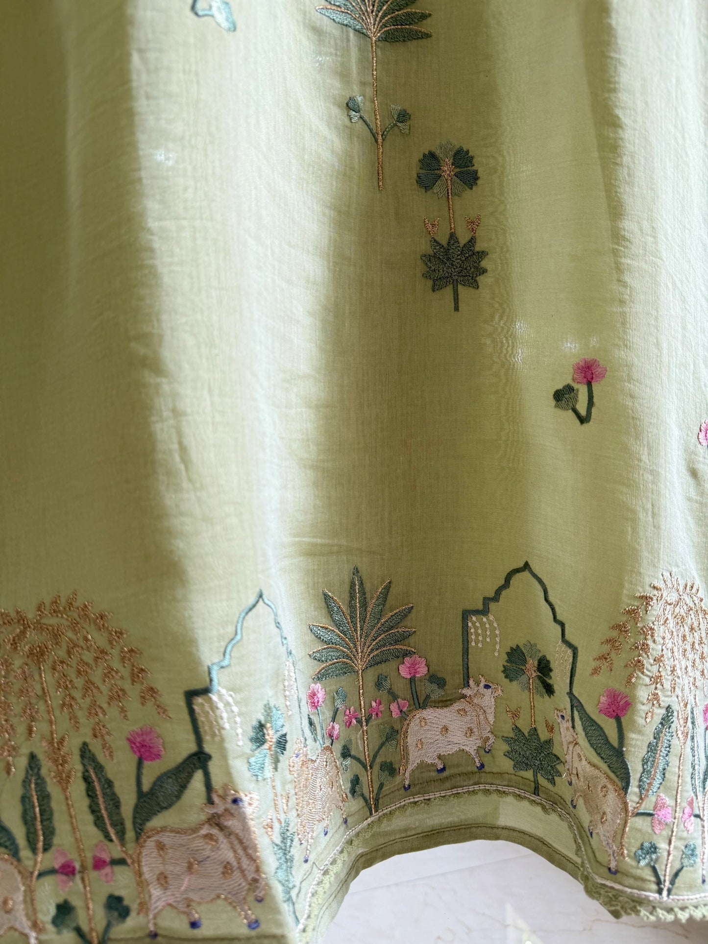 Atharva Frech Thread Pichwai motifs  Embroidered Pure Mul Chanderi Hand woven  edits MC70015PS Pista