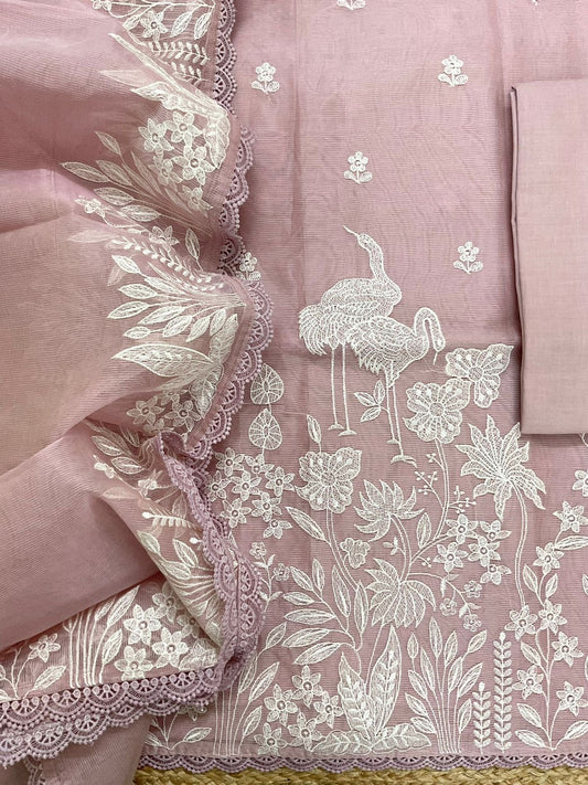 Atharva Heritage PURE STRIPED Mul CHANDER  French THREAD EMBROIDERED SUIT CH5459 PINK