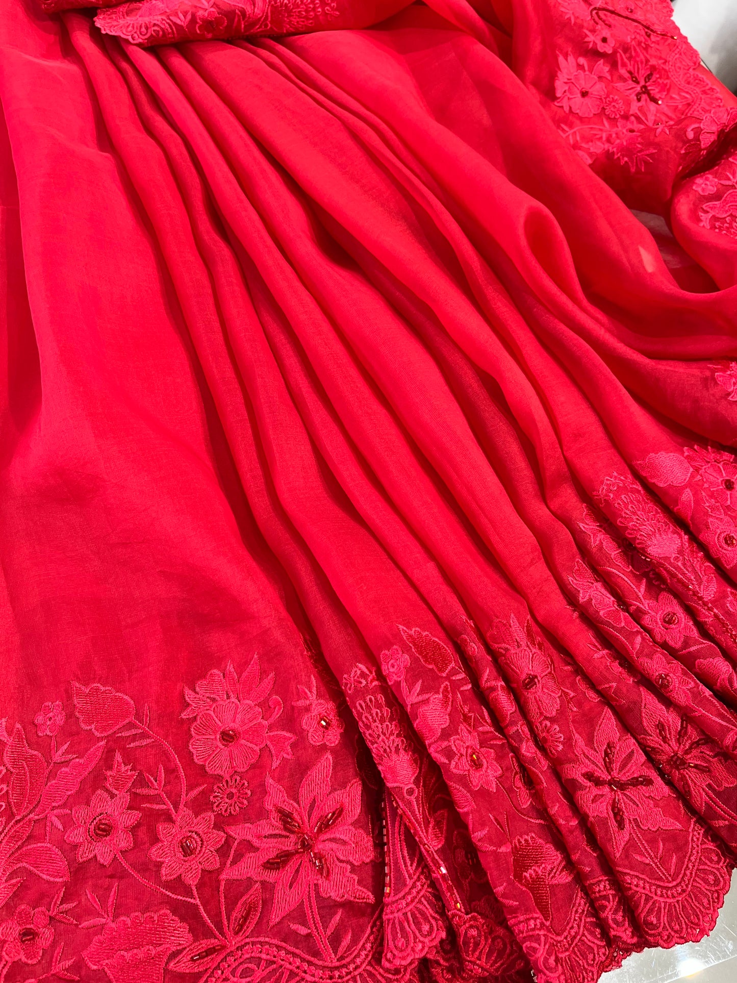 Atharva Heritage Red Kerwachauth Saree in Pure Silk Organza with French Thread Monochrome Embroidery