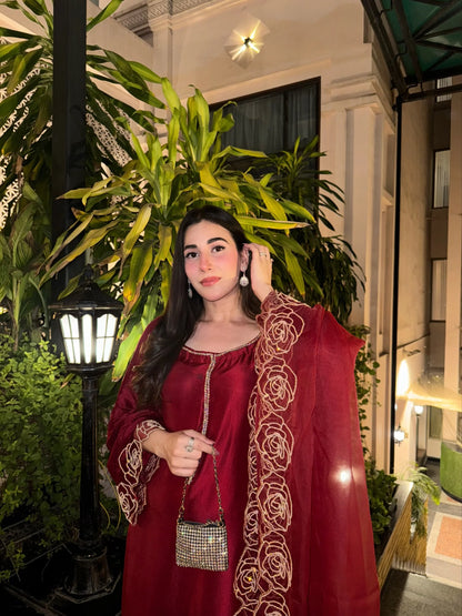Atharva Luxe – Pure Silk Luxury Kurta Set with Handcrafted Ghera Sleeves & Organza Dupatta PSH0068-MR