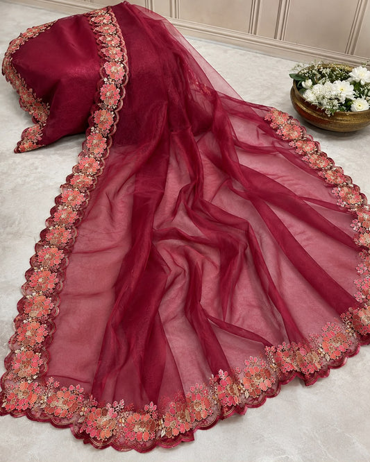 Atharva Heritage Pure Silk Organza Embroidered Saree with Floral Scalloped Border | Luxury Designer Saree | Atharva Heritage AH1813S61