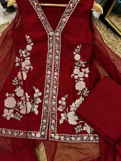 Atharva Heritage Deep Red Pure Raw Silk 100g Hand-Embroidered Jacket Style Farshi Salwar Set FSBRS51