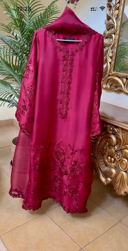 Atharva Heritage “Stunning Pure Raw Silk Pakistani Suit with French Thread Embroidery, Silk Organza Dupatta & Pure Crepe Pants – Fully Stitched from Small to 9XL”