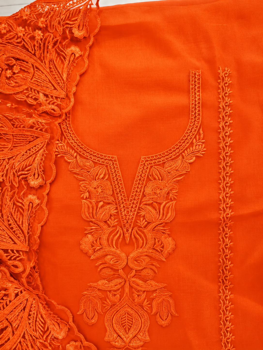 Atharva Heritage Pure Silk Organza Burnt Orange French Thread Monochrome Embroidered unstitched Front and Back  Pakistani Suit SLP001