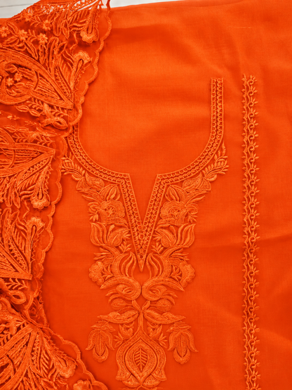 Atharva Heritage Pure Silk Organza Burnt Orange French Thread Monochrome Embroidered unstitched Front and Back  Pakistani Suit SLP001