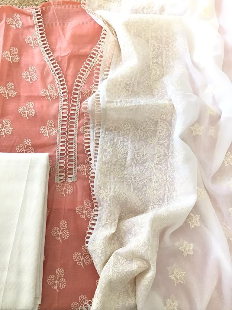 Atharva Embroidered Chanderi Salwar Kameez/Embroidery Pure Mul Dupatta White/Cotton Embroidery Shirt /Cotton Bottom- CM008