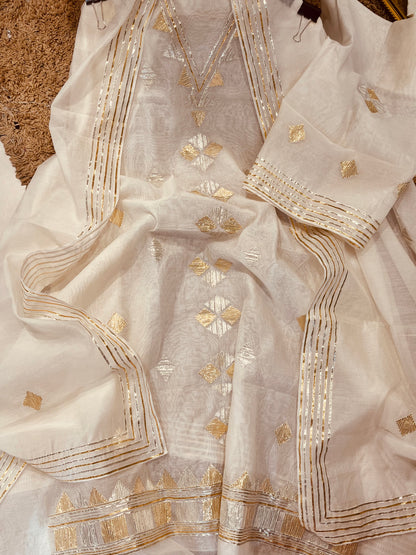 Atharva Hand Gota Embroidered Pure Mul Chanderi Hand woven  edits MC7001I Ivory