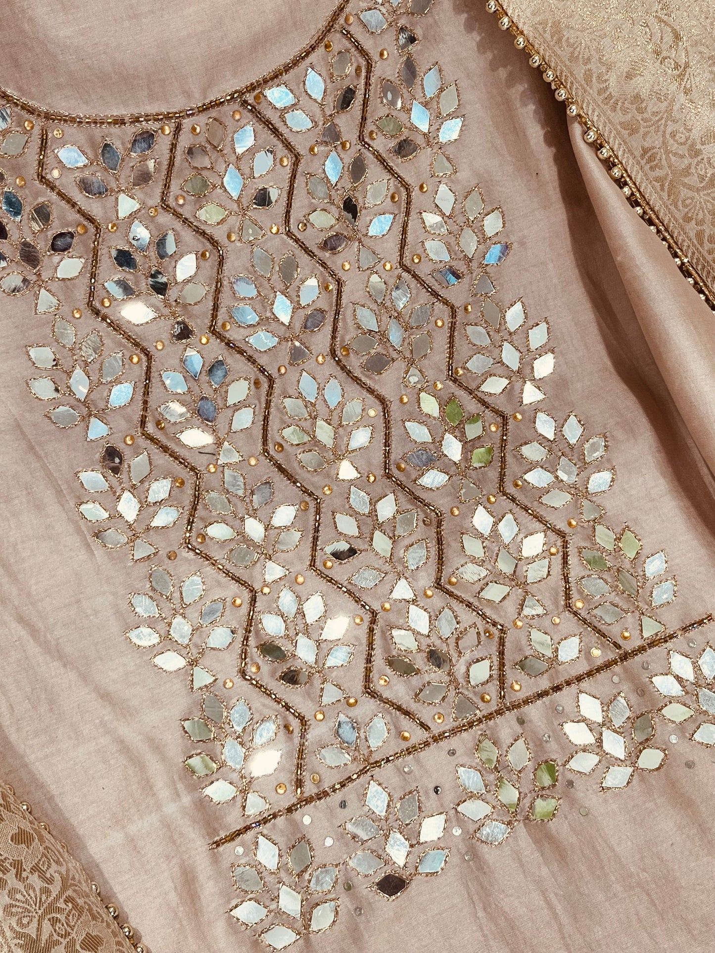 ATHARVA  Hand Embroidered Salwar Kameez w/ Embroidered Neck Beige/Banarsi Silk Dupatta/Bridal/Wedding/Custom Stitch/ CH1295