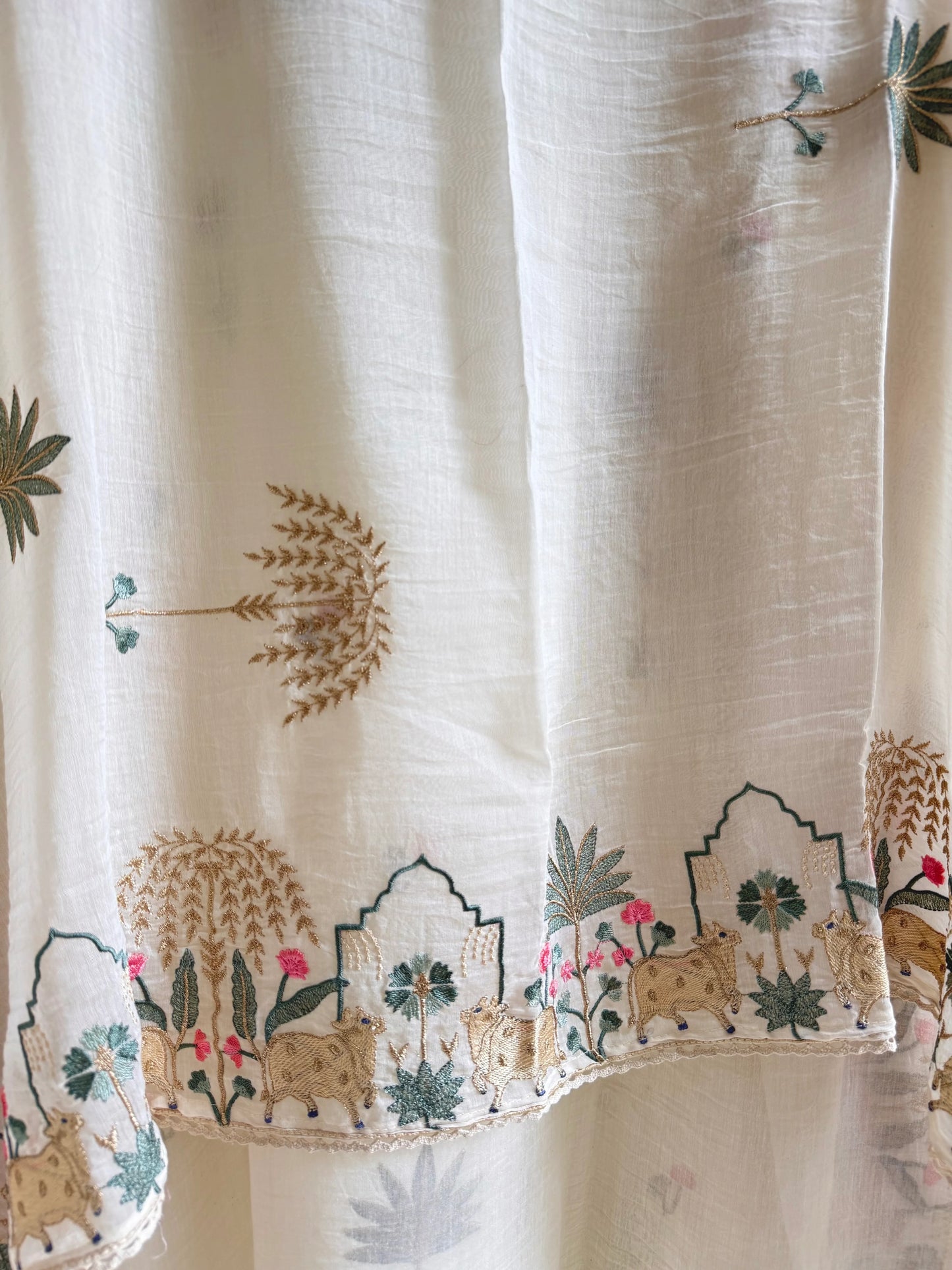 Atharva Frech Thread Pichwai motifs  Embroidered Pure Mul Chanderi Hand woven  edits MC70015  Ivory
