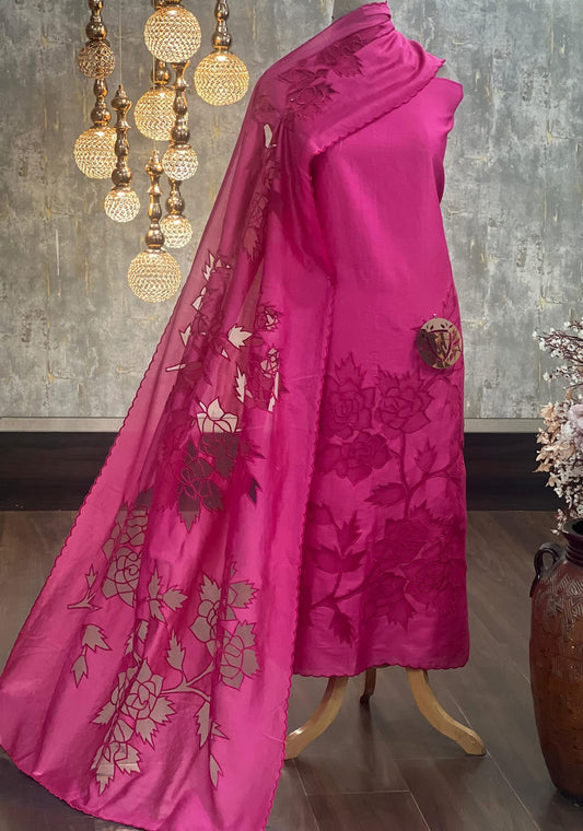 ATHARVA HERITAGE Hand CUTWORK Embroidery Salwar Kameez/Pure Mul Chanderi Cut-Work Shirt & Dupatta/Santoon Bottom/Custom Stitch Unstitch/Plazo/Pant/CUT80357 Hot pink