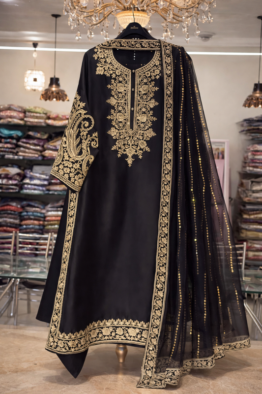Atharva Heritage Pure Satin Silk Zari Embroidered Pakistani Suit with Hand Mukesh Kamdhani Dupatta – Customizable Luxury Ensemble SSZ151