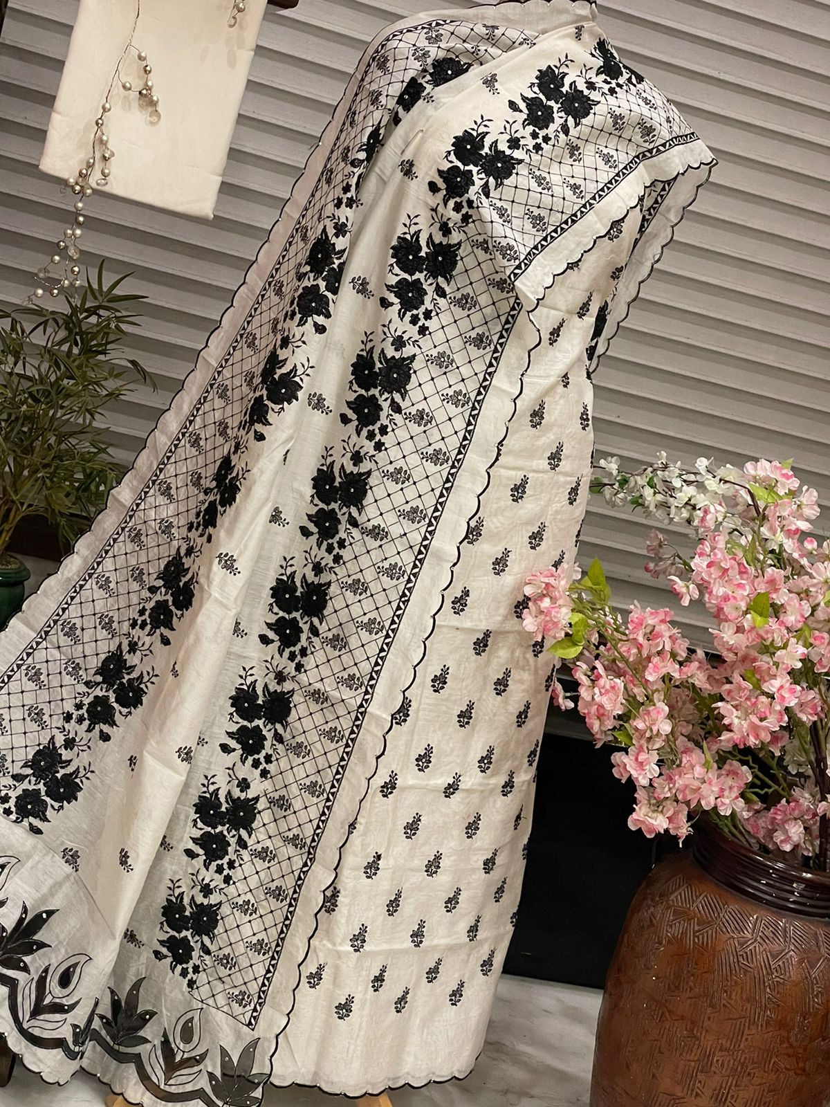 PURE CHANDER SILK  PARSI GARA SUIT with Cutwork on width CH5416 Black and white