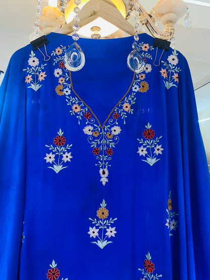Sheer Luxury Pure Silk 80 Grams Kashmiri Embroidered Pakistani unstitched Kurta With Bottom  SLP0011 Royal Blue