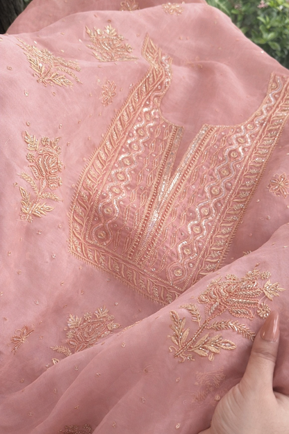Atharva Heritage Powder Pink Noor Organza Silk Chikankari Unstitched Kurta Dupatta Set SL89000646