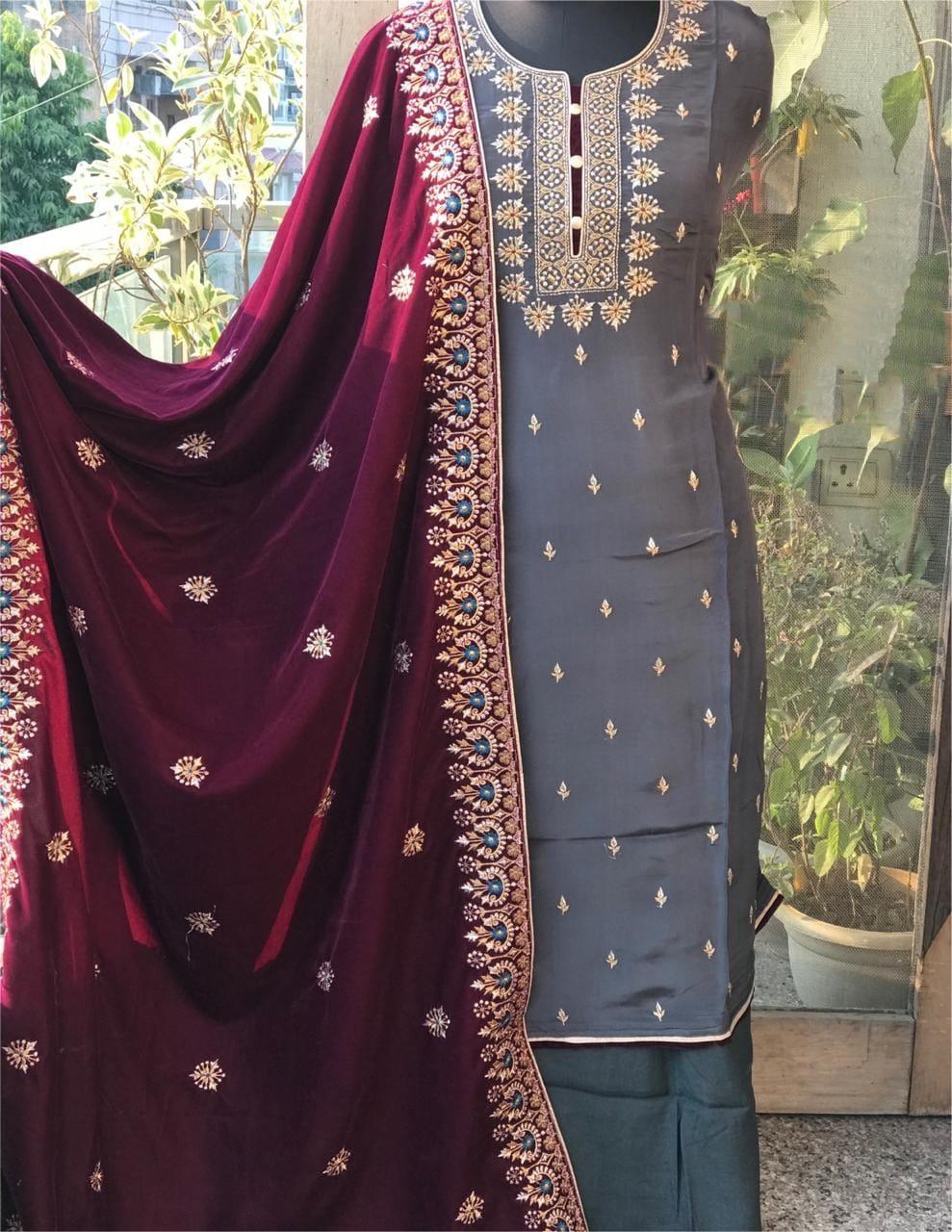 Atharva Heritage/Kashmiri Embroidered The Winter silk kurta with Velvet dupatta 2024 Edits EM1035(B)