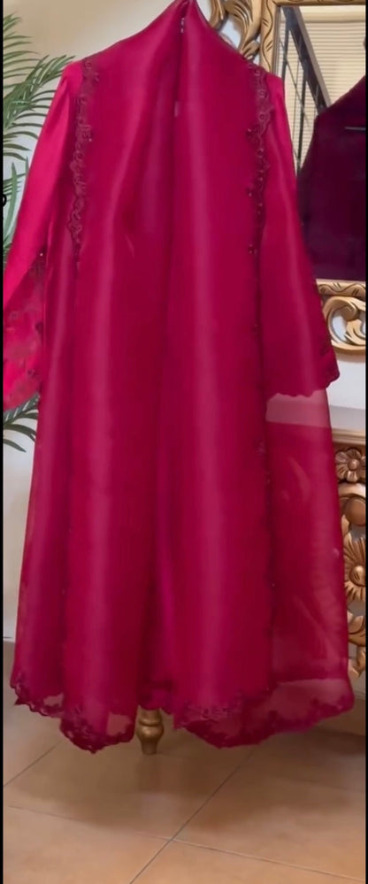 Atharva Heritage “Stunning Pure Raw Silk Pakistani Suit with French Thread Embroidery, Silk Organza Dupatta & Pure Crepe Pants – Fully Stitched from Small to 9XL”