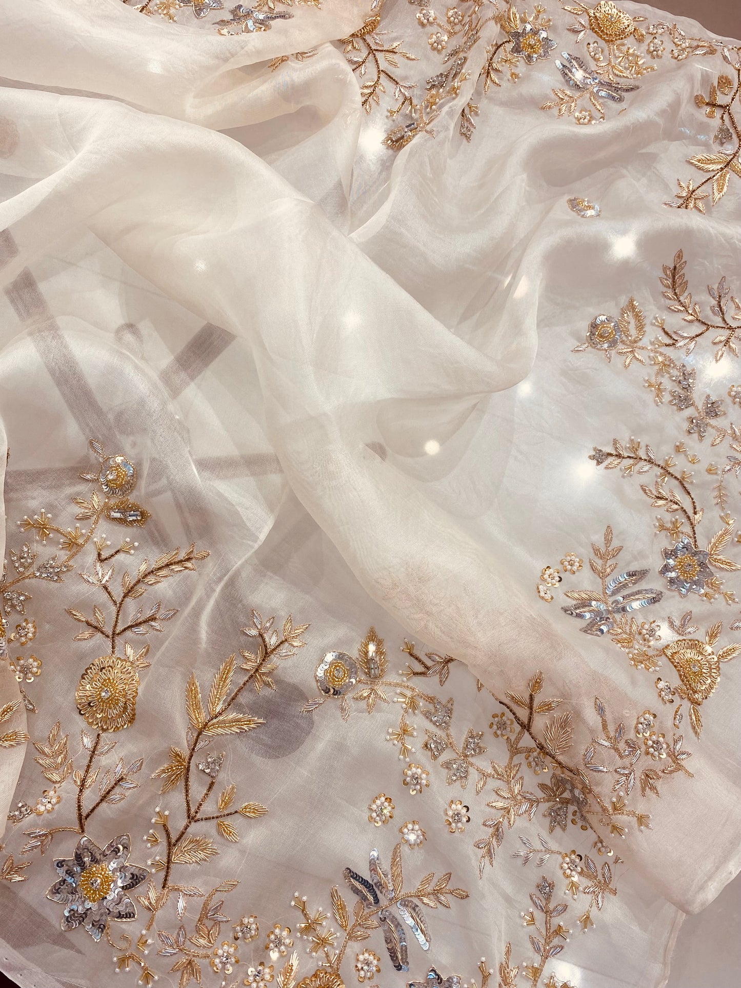 Atharva Heritage Ivory Pure Silk Organza Saree – Trousseau Collection | 400+ Hours Hand-Embroidered Luxury RLS178