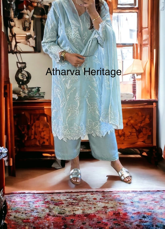 Atharva Heritage SHEER LUXURY PURE SILK ORGANZA APPLIQUE SUIT SHEER001(Blue)