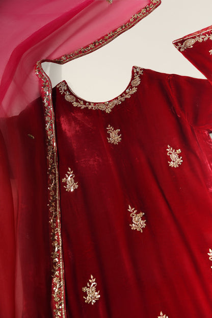 Atharva Heritage Gul-e-Shehnai Royale – Premium Pure Silk Velvet Pakistani Suit with Hand Zardozi Embroidery (Red) | Customizable | Luxury Trousseau Collection RSV165