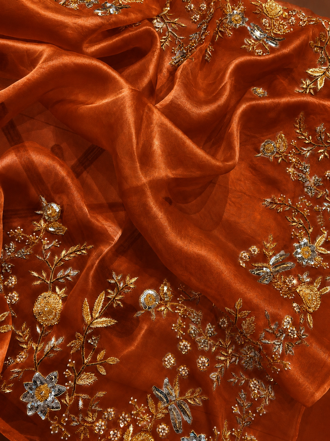 Atharva Heritage Burnt Orange Pure Silk Organza Saree – Trousseau Collection | 400+ Hours Hand-Embroidered Luxury RLS178