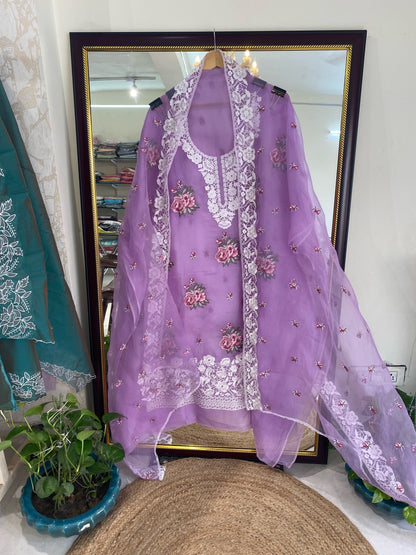SHEER LUXURY Pure Silk Organza French Thread with Pardi Gara Embroidery SUIT SHEER008  Labender Color
