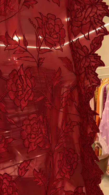 Atharva Heritage Sheer LuxuryPure Silk Organza Hand Applique Deep Red Saree AH-001(D)