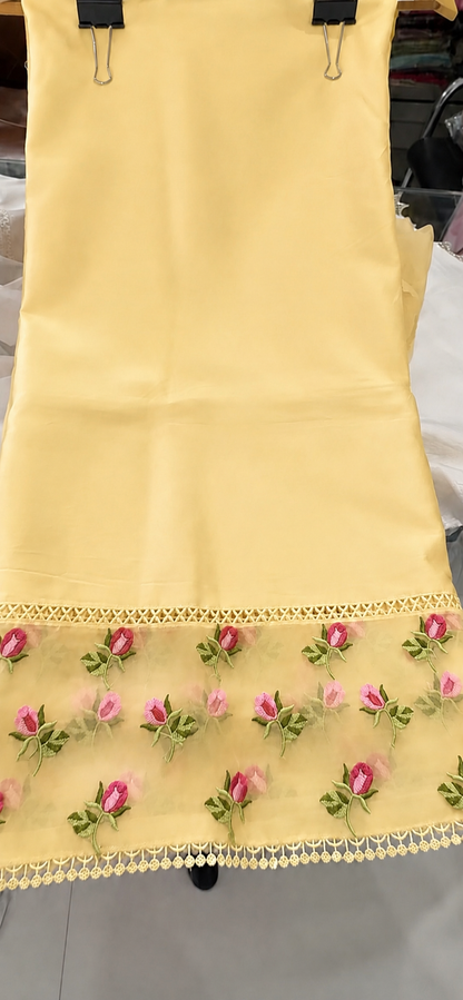 Atharva Heritage Butter Yelllow Hand-Embroidered Pure Chanderi Silk Pakistani Suit with Organza Dupatta & Cross-Stitch Detailing CHO0010