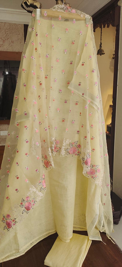 PURE CHANDERI SILK AND ORGANZA EDITS LC1701YELLOW