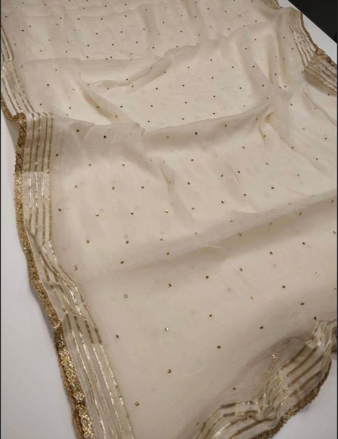 Atharva Embroidered Salwar Kameez w/Beautiful Embroidered Neck in Beige Chanderi w/Chiffon Dupatta w/Stones And Gota Patti Border CH1049