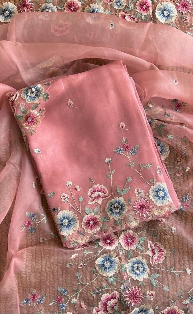 Atharva Heritage Sheer Luxury Pure Silk Organza Parsi Gara Embroidered Front Back And Sleeves SPGFB621