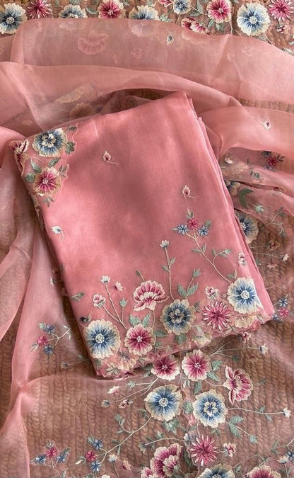 Atharva Heritage Sheer Luxury Pure Silk Organza Parsi Gara Embroidered Front Back And Sleeves SPGFB621