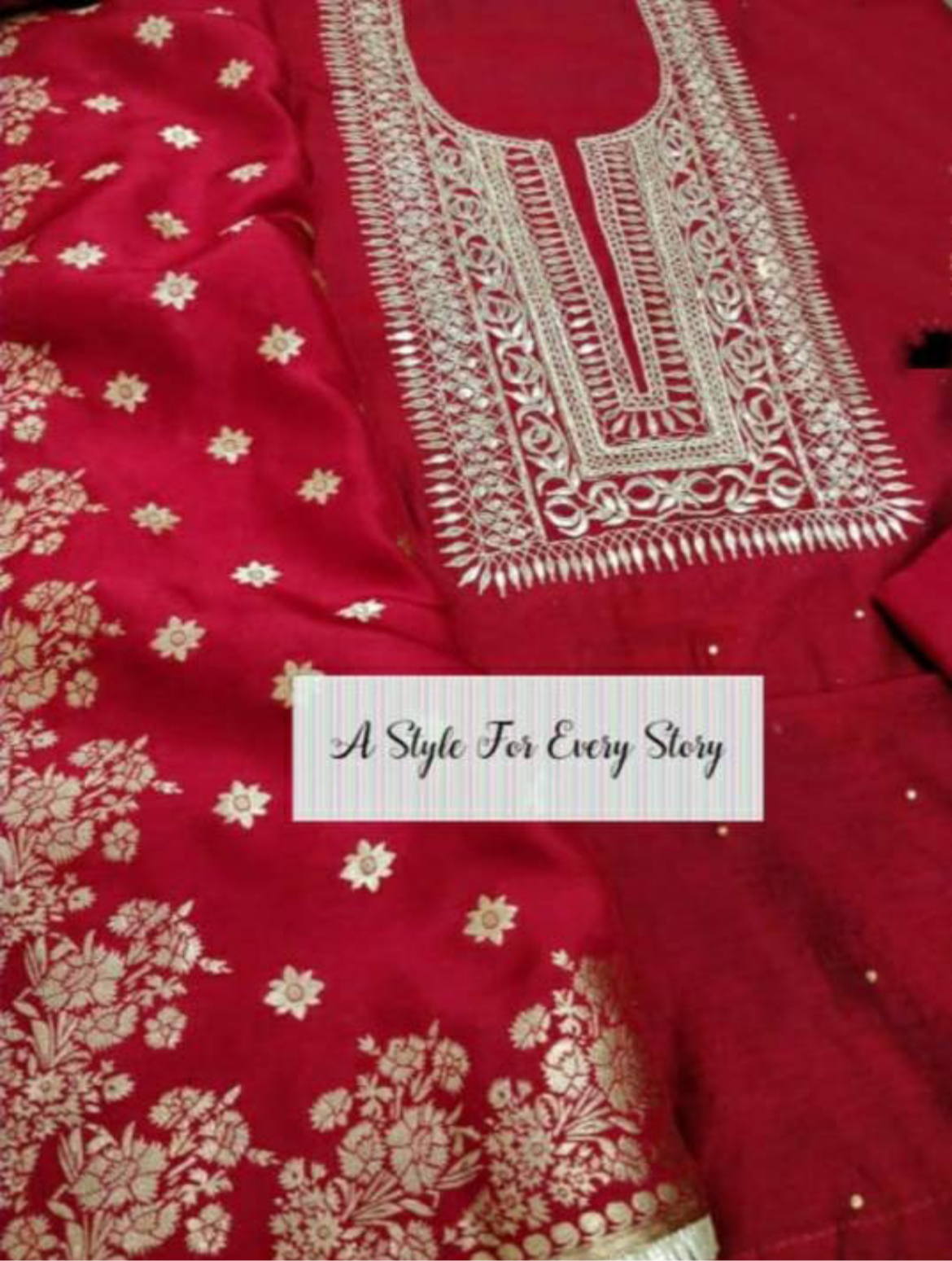 ATHARVA  Hand Embroidered Salwar Kameez w/ Embroidered Neck Reds/Banarsi Silk Dupatta/Bridal/Wedding/Custom Stitch/ CH1278