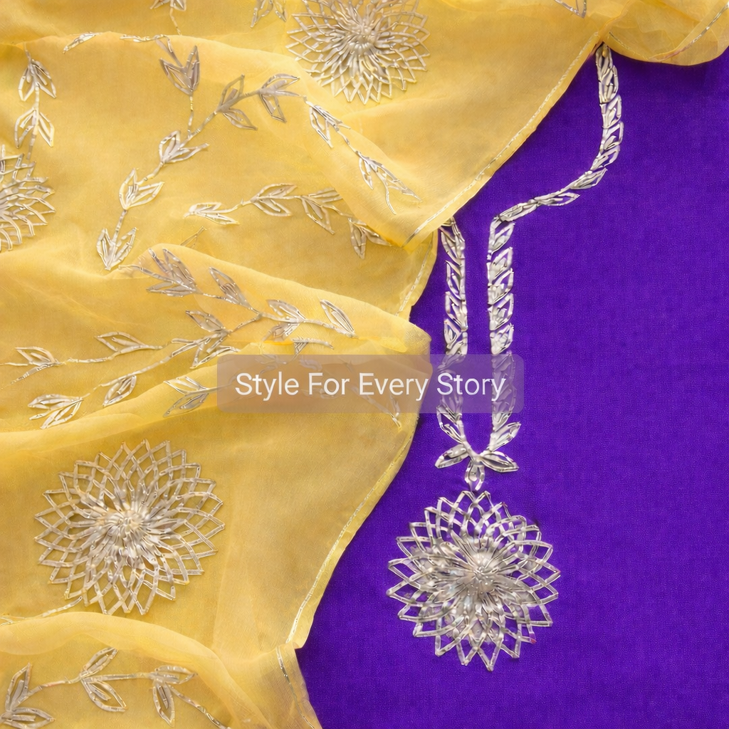 Atharva Heritage "Ombré Elegance in every stitch: Embrace the timeless beauty of Pure Georgette 80 Grams  Gota suit paired with a delicate Pure Silk Organza  Gota Embroidered Dupatta." GE0056 Purple Mint and Yellow