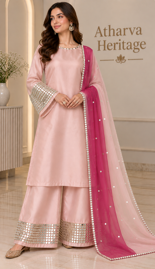 Atharva Heritage Pure Silk Long-Pakistani Suit with Hand-Embroidered Mirror Work & Ombre Dupatta PSJ1651