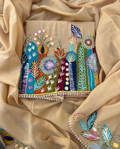ATHARVA Hand Applique /Cutwork  Embroidery Salwar Kameez/pure Mul Chanderi  Shirt & Dupatta/Santoon Bottom/Custom Stitch Unstitch/Plazo/Pant/ CUT8068