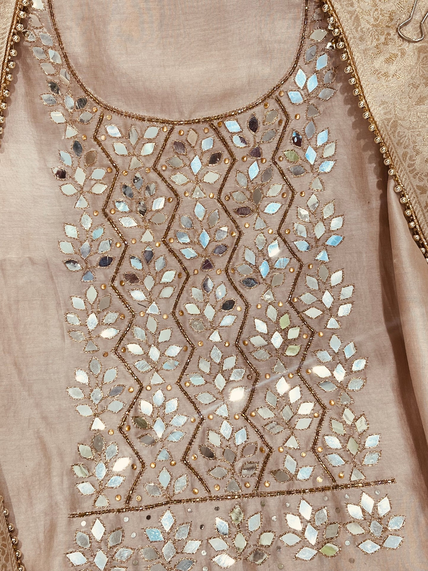 ATHARVA  Hand Embroidered Salwar Kameez w/ Embroidered Neck Beige/Banarsi Silk Dupatta/Bridal/Wedding/Custom Stitch/ CH1295