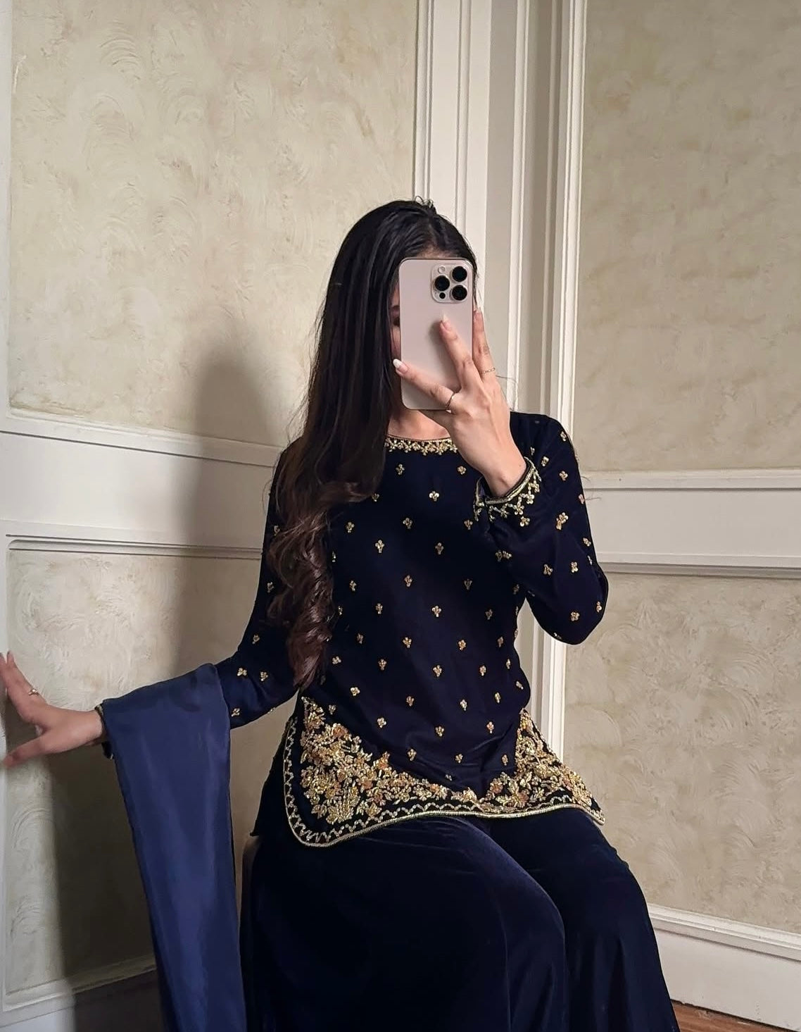 Atharva Heritage Royal Blue Pure Silk Velvet Garara Set with Hanzardozi Embroidery 181331921