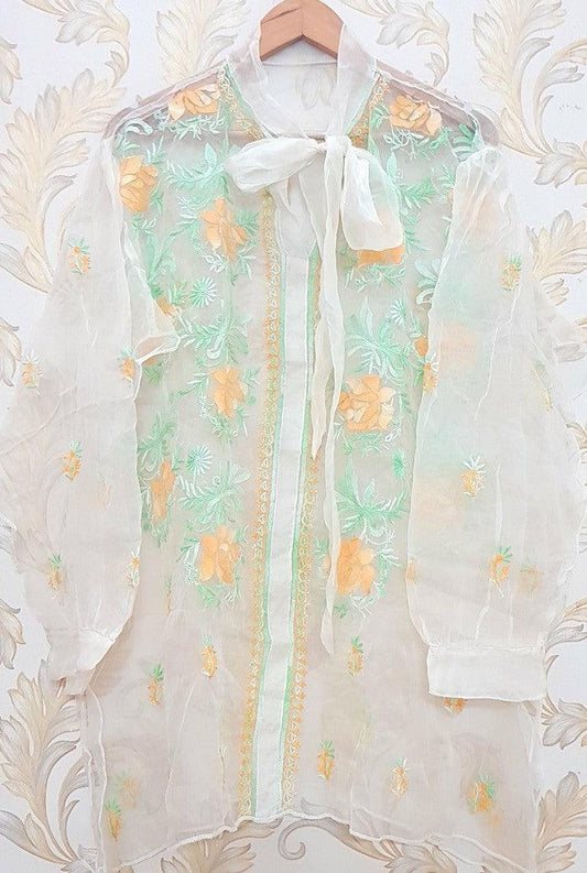 Atharva Heritage Sheer Luxury Silk Organza Lucknowi Semi Stitched Top SLT002 Pearl White